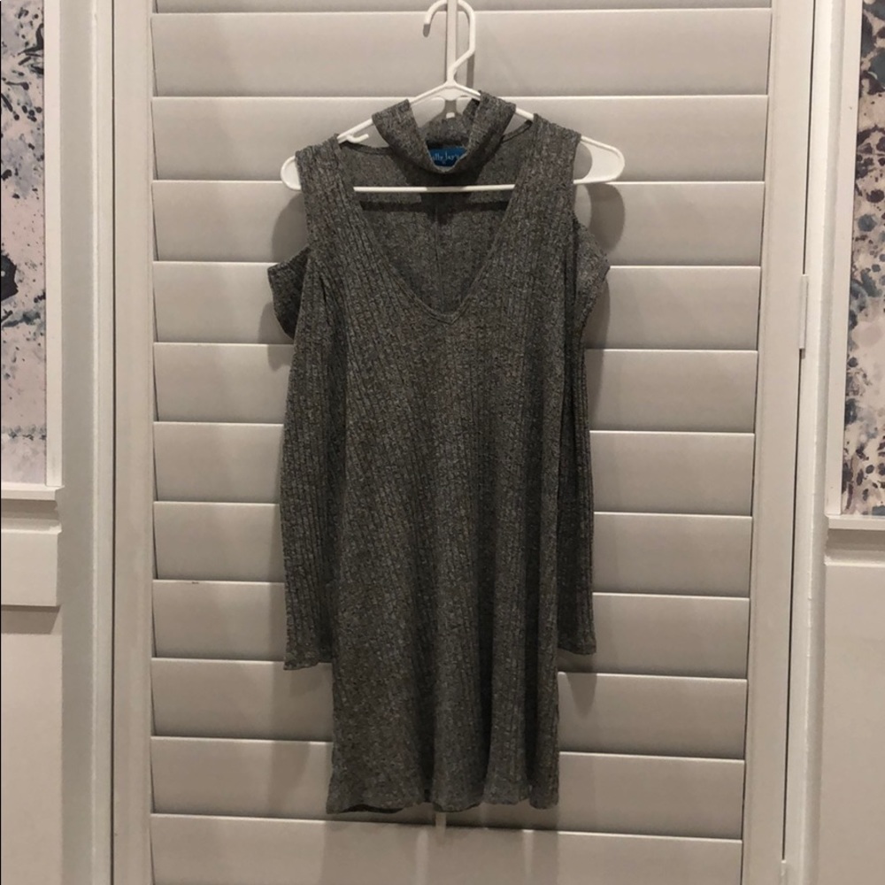 Gray sweater dress with cold shoulder